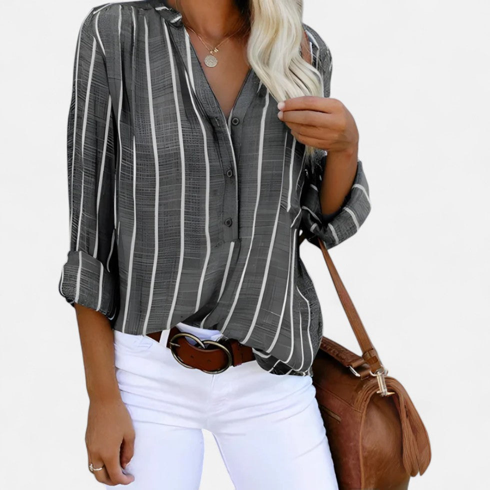 Gestreifte Bluse mit Knopfleiste und V-Ausschnitt