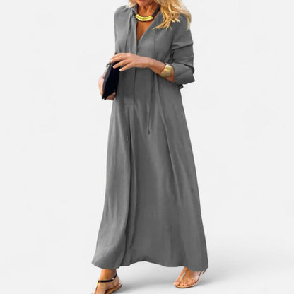 Langarm Maxikleid mit V-Ausschnitt und Kordelzug