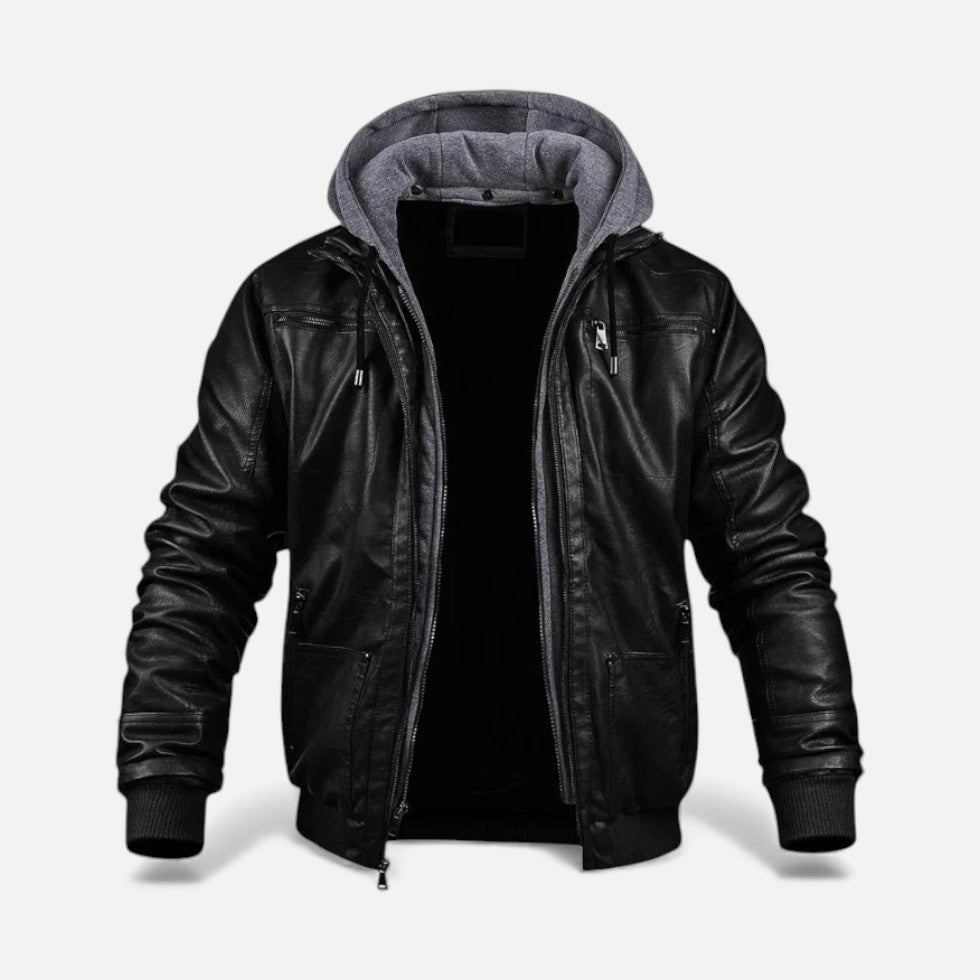 Herren Kunstleder Jacke mit Kapuze