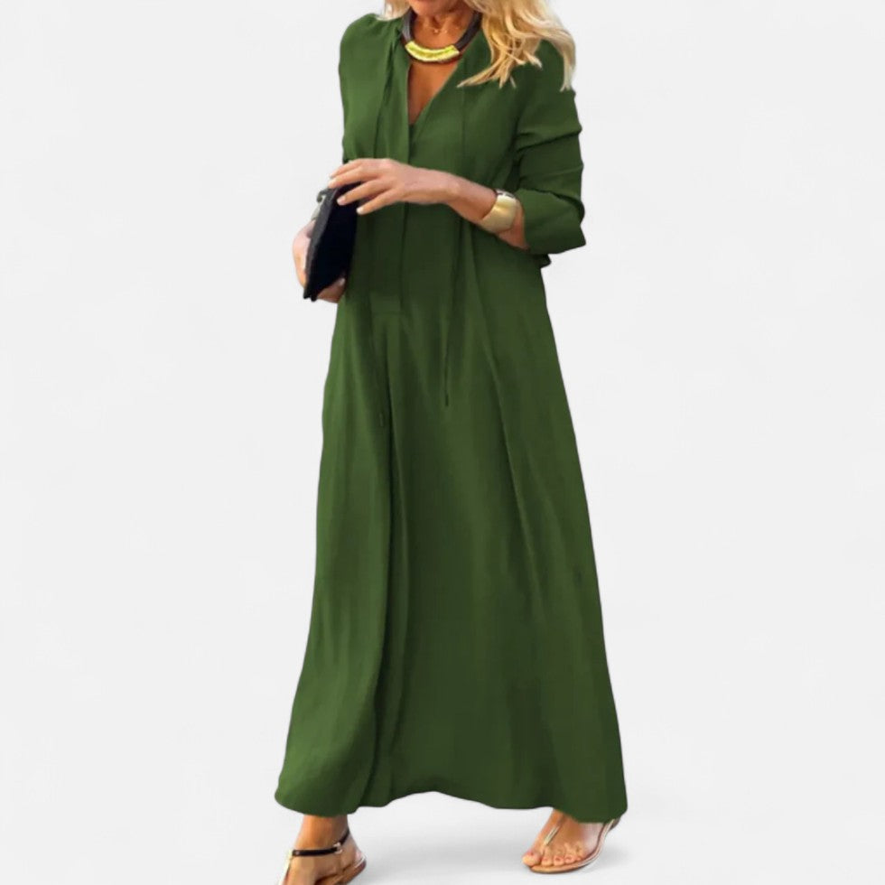 Langarm Maxikleid mit V-Ausschnitt und Kordelzug