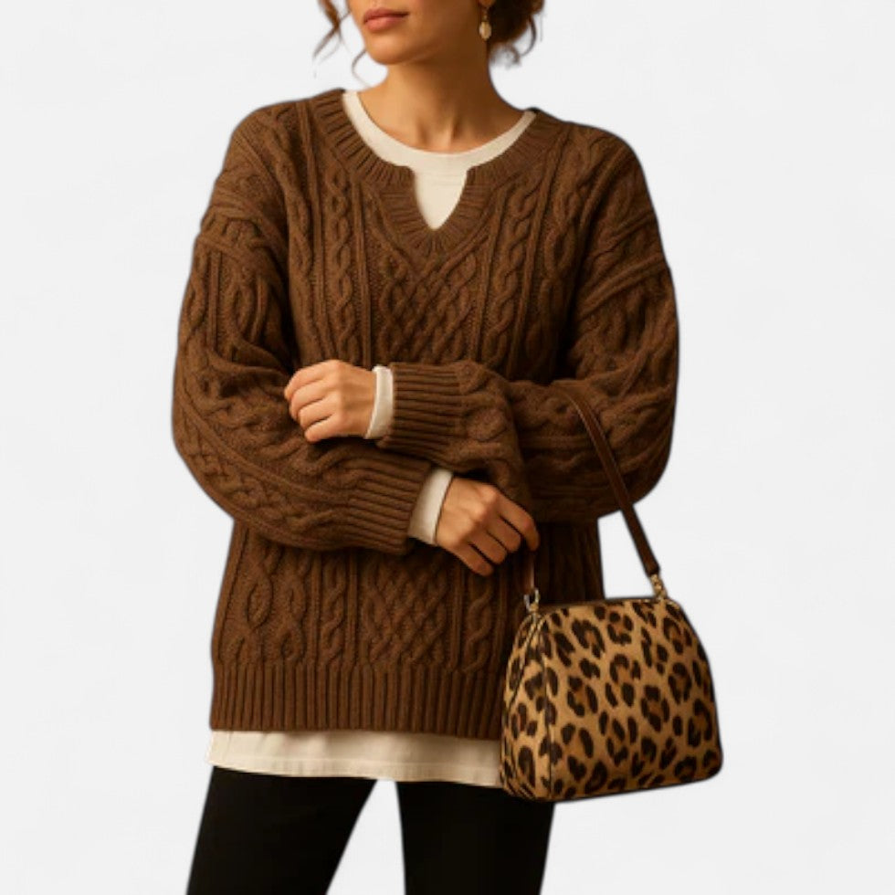 Damen Oversized Strickpullover Grob Gestrickt mit Rundhalsausschnitt