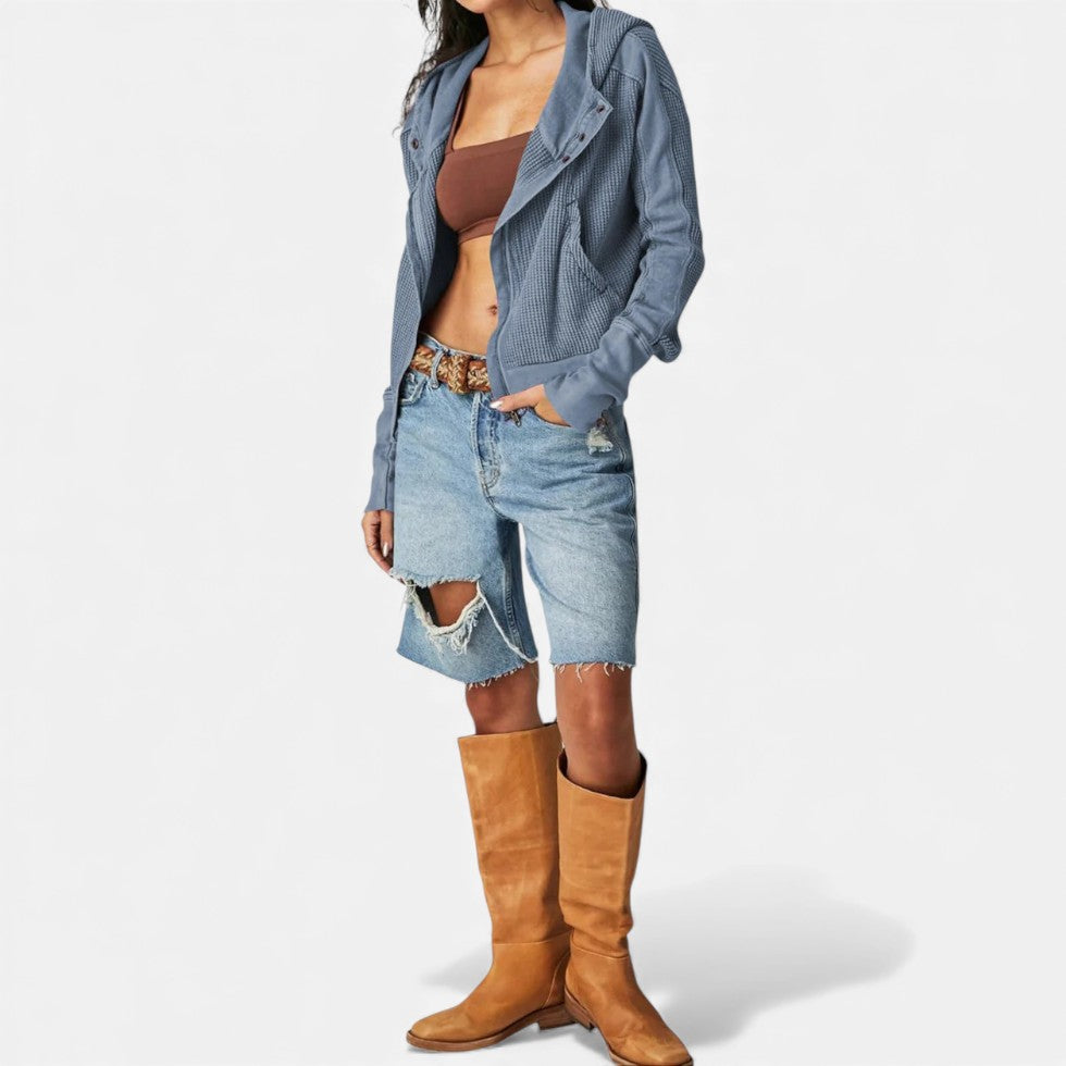 Damen Waffelstrick Kapuzenjacke