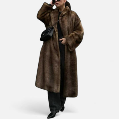 Damen Langer Kunstpelz Trenchcoat Eleganter Wintermantel
