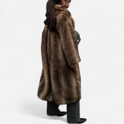 Damen Langer Kunstpelz Trenchcoat Eleganter Wintermantel