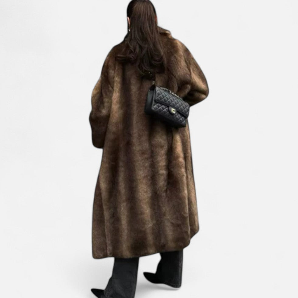 Damen Langer Kunstpelz Trenchcoat Eleganter Wintermantel