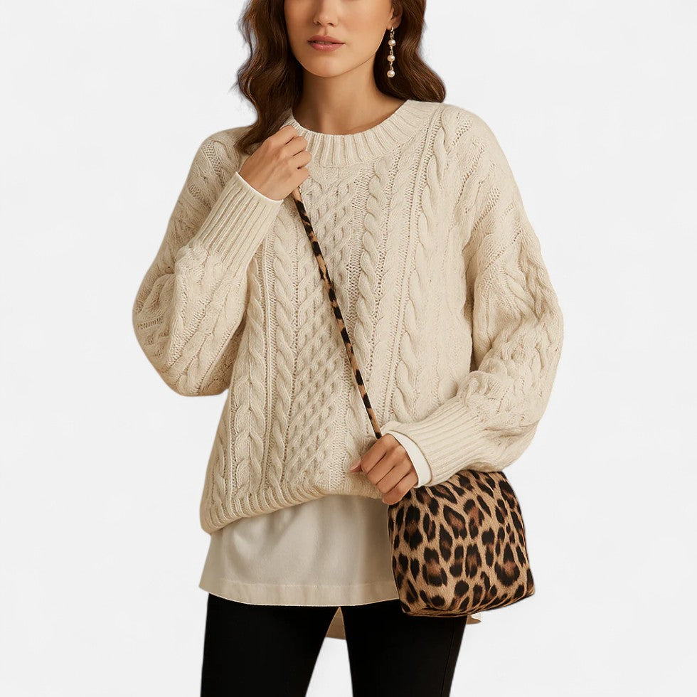 Damen Oversized Strickpullover Grob Gestrickt mit Rundhalsausschnitt