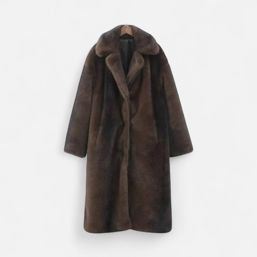 Damen Langer Kunstpelz Trenchcoat Eleganter Wintermantel