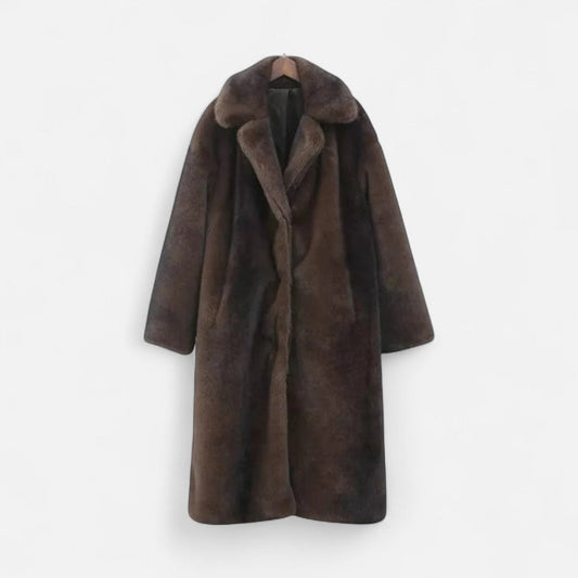 Damen Langer Kunstpelz Trenchcoat Eleganter Wintermantel