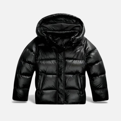 Glänzende Pufferjacke mit Kapuze für Damen