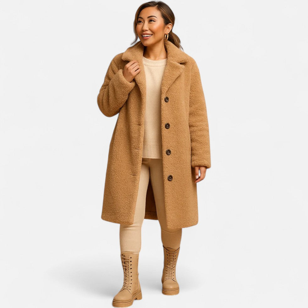 Langer Teddy Mantel Damen Kuscheliger Wintermantel