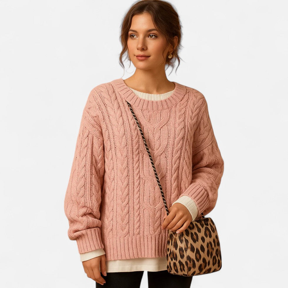 Damen Oversized Strickpullover Grob Gestrickt mit Rundhalsausschnitt