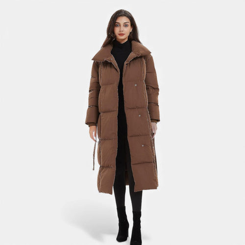 Damen Langer Steppmantel mit Gürtel Winterjacke