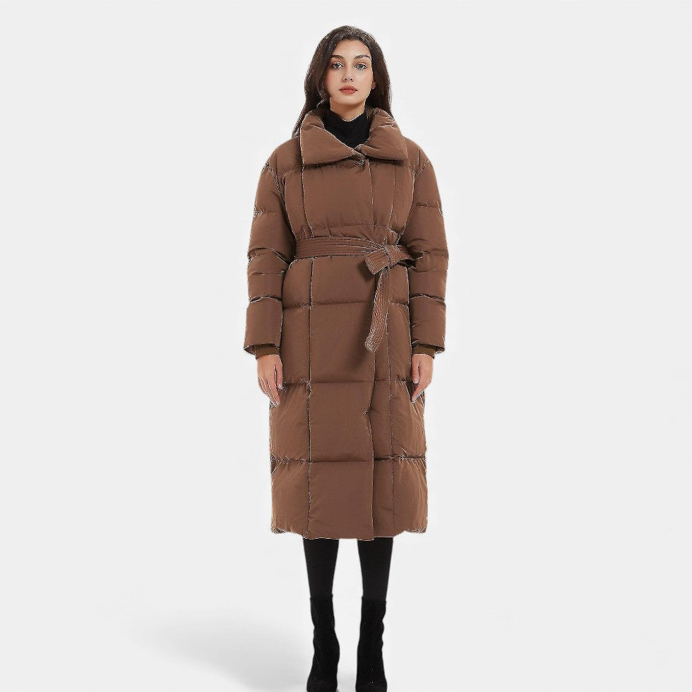 Damen Langer Steppmantel mit Gürtel Winterjacke