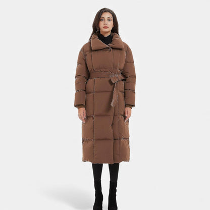 Damen Langer Steppmantel mit Gürtel Winterjacke