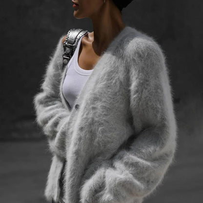 Damen Kaschmir Strickjacke mit flauschiger Oberfläche