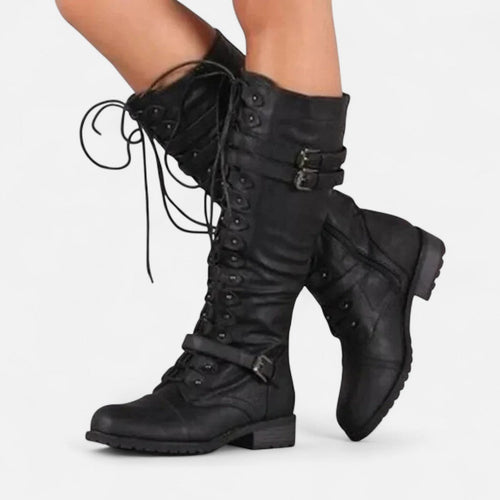 Damen Kniehohe Stiefel mit Schnürung und Schnallen