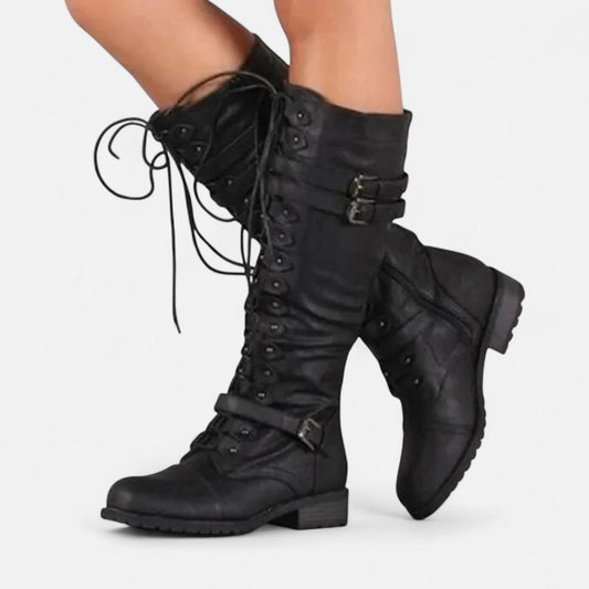 Damen Kniehohe Stiefel mit Schnürung und Schnallen