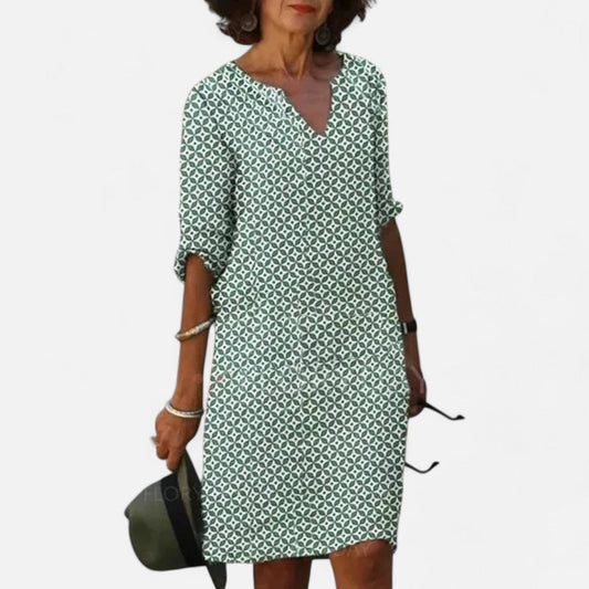 Gemustertes Freizeitkleid mit V-Ausschnitt und Knopfleiste