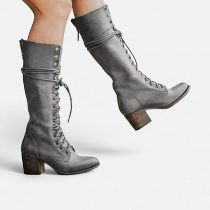 Damen Kniehohe Schnürstiefel mit Blockabsatz