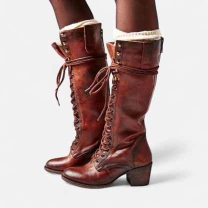 Damen Kniehohe Schnürstiefel mit Blockabsatz