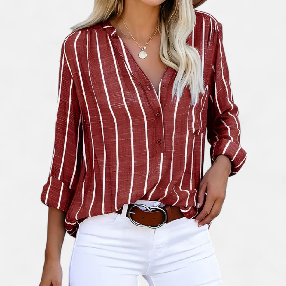 Gestreifte Bluse mit Knopfleiste und V-Ausschnitt