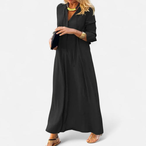 Langarm Maxikleid mit V-Ausschnitt und Kordelzug