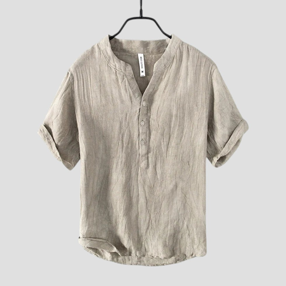 Leinen Kurzarmhemd mit Stehkragen für Herren